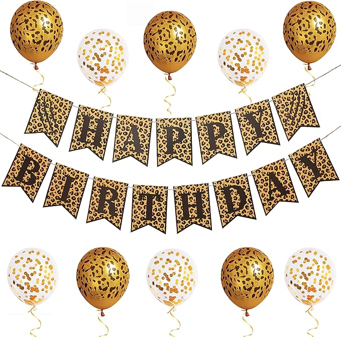 Pirese Cheetah Happy Birthday Banner – Cheetah Birthday Decorations, Leopard Party Decor, Safari Theme Party Supplies, Animal Print Party