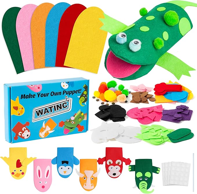 WATINC 6Pcs Hand Puppet Making Kit, Art Craft Felt Sock Puppet Toys, Creative DIY Make Your Own Pompoms Wiggle Googly Eyes Storytelling Role Play Party Supplies Gift for Girls Boys (Animals)