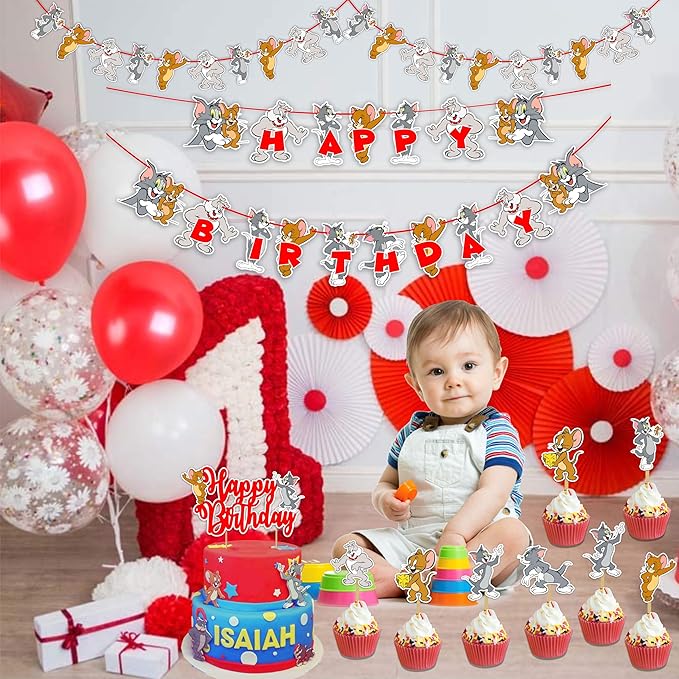 "Tom & Jery Theme Birthday Party Supplies – Cartoon Character – Complete Birthday Decoration Set with Banner, Cake Topper, Cupcake Toppers and Party Accessories for Boys & Girls"