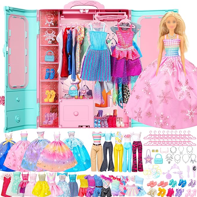 70 Pcs Doll Closet with Clothes & Accessories Playset,2 Wedding Gowns 6 Fashion Dresses 2 Tops 2 Pants 2 Swimsuits 10 Shoes 20 Hangers 27 Accessories Toys for Girls Kids Birthday Gifts