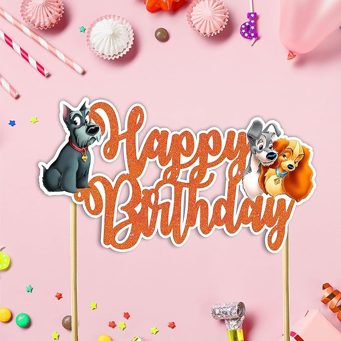 "Lady and the Trmp Happy Birthday Cake Topper – Inspired Theme Party Decoration for Girls and Adults – Glitter Cake Topper for Birthday Cake & Dog Theme Party Supplies, Cartoon Character Party Décor"
