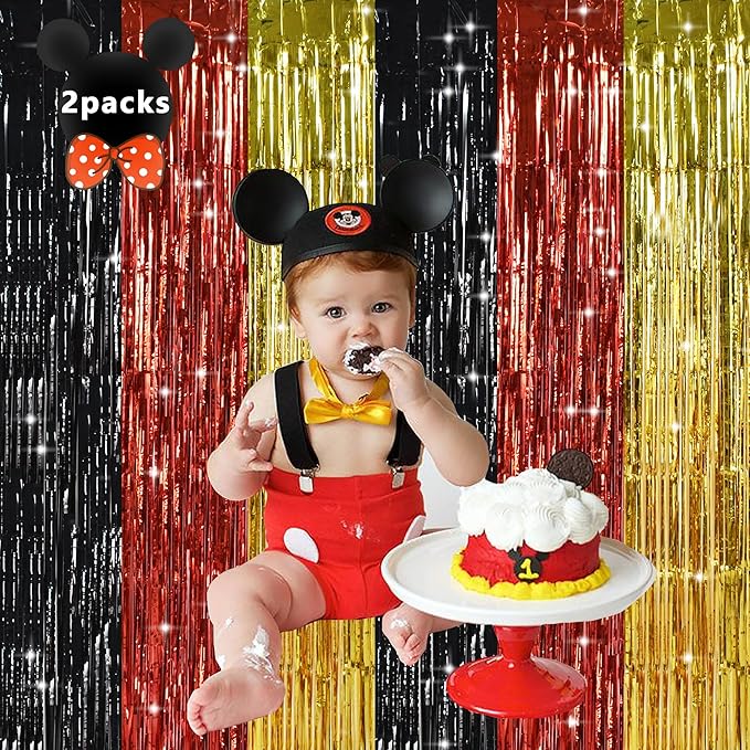 TONIFUL Black Red Gold Door Streamers,Black Red and Gold Photo Booth Backdrop Metallic Streamers Foil Fringe Curtain for Mouse Themed Birthday,New Year,Graduation,Baby Shower Party Decoration
