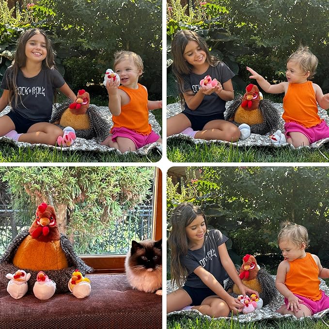 8Pcs Easter Chicken Stuffed Animal, Stuffed Hen with Little Baby Chicks and Coop, Rooster Plush Gifts Toys for Kids, Hit of Christmas Farm Party