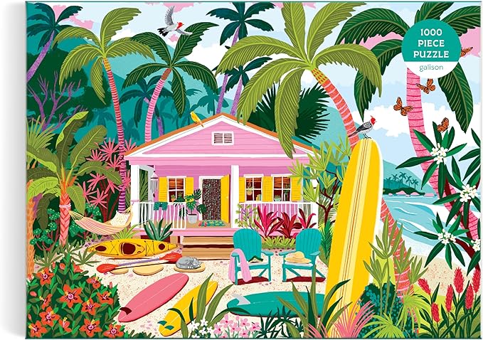 Galison Surfside Bungalow – 1000 Piece Jigsaw Puzzle Featuring Beautiful Artwork of A Beach Bungalow with Surfboards and Ocean Views