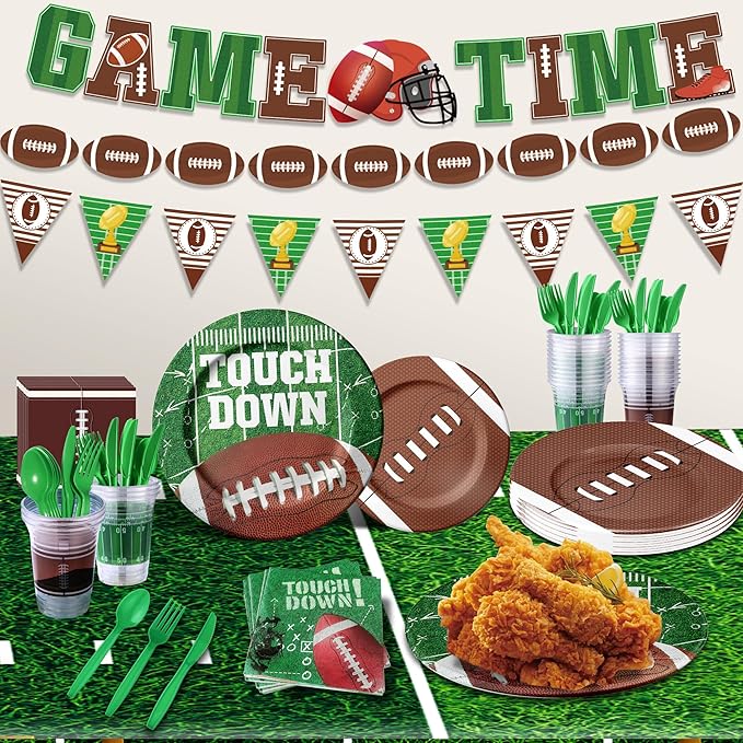 173PCS Football Party Supplies Kit for 24 Guests - Football Birthday Supplies with Paper Plate Napkin Big Cup Cutlery Banners Touchdown Tablecloth Tailgate Party Decorations(A)