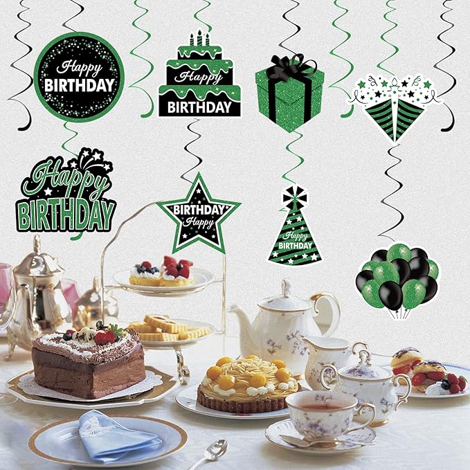 Green Birthday Hanging Swirls Decorations for Women Men, 16Pcs Black and Green Happy Birthday Foil Swirls Party Supplies, 10th 16th 18th 21st 30th 40th 50th 60th Bday Theme Swirls Ceiling Decor