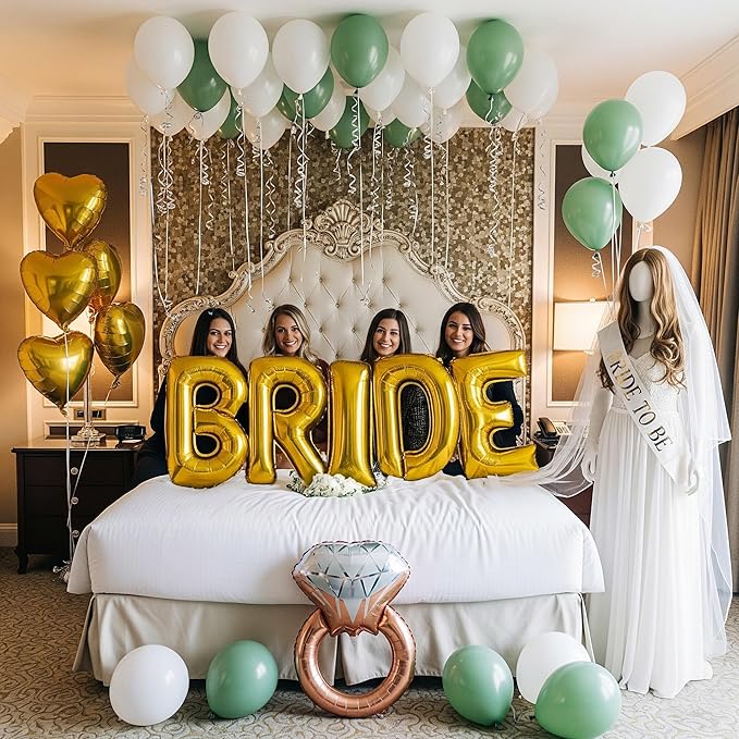 Sage Green Bridal Shower party decorations with HUGE 40 Inch BRIDE letter gold Balloons BRIDE to be Sash Bridal Veil Diamond Ring Heart shape Balloons For Bachelorette party Wedding supplies