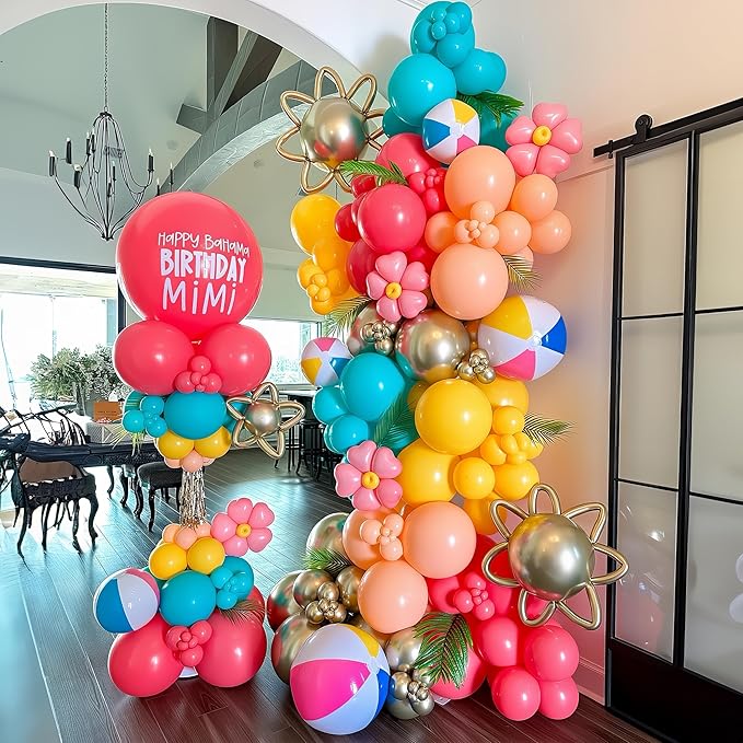 Summer Tropical Balloon Arch Garland Kit Iridescent Star Balloons and Transparent Balloon Teal Pastel Pink Orange Yellow Lime Green Balloons for Hawaiian Luau Aloha Birthday Pool Party Decor