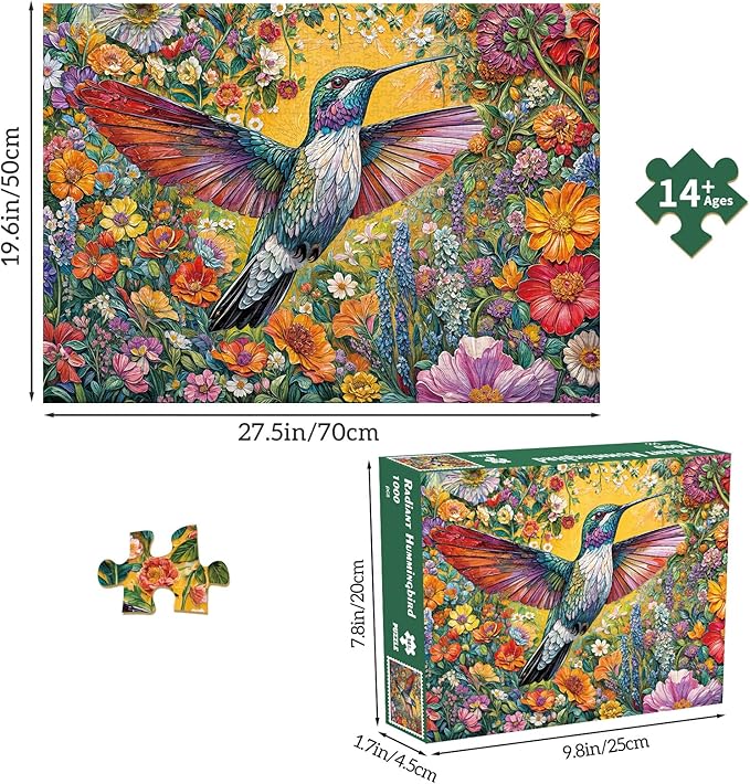 Jigsaw Puzzles for Adults 1000 Pieces, Interlock Perfectly Letter on Back No Dust, Home Decor Birthday Party Gift Toy for Men Women Elders Seniors, 1:1 Poster - Radiant Hummingbird