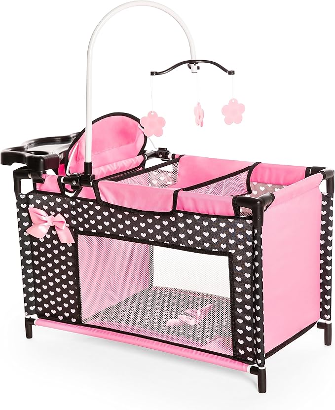Bayer: Multi Bed - Black, Pink, Hearts - Accessory Set for Dolls Up to 18", Built-in High Chair, 3 Hangers, Pillow, Blanket, Kids Ages 3+
