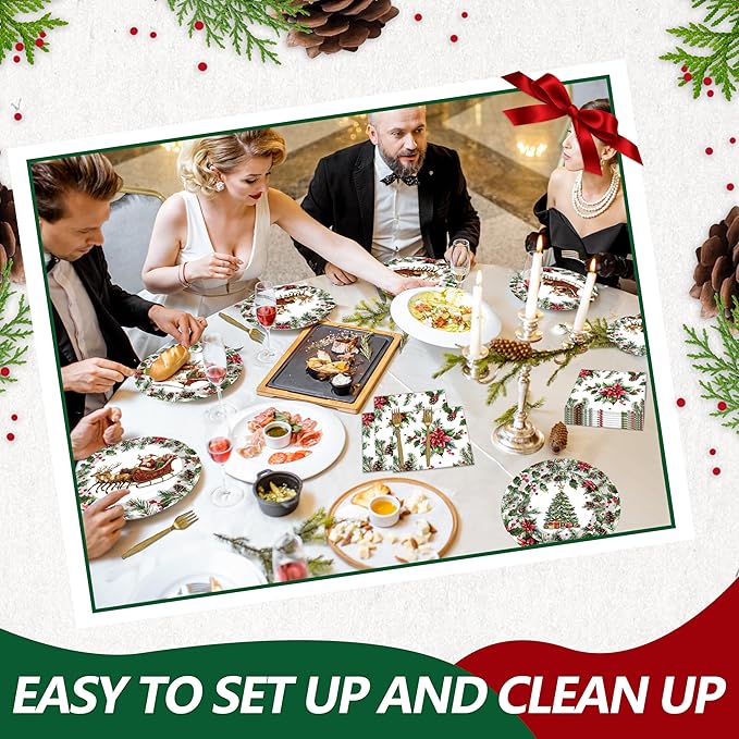 100 Pcs Vintage Christmas Tableware Party Supplies, Serves 25, Disposable Retro Santa Sleigh and Tree Paper Plates, Napkins, and Forks, Holiday Dinner, Winter Wonderland, Xmas Party Decorations
