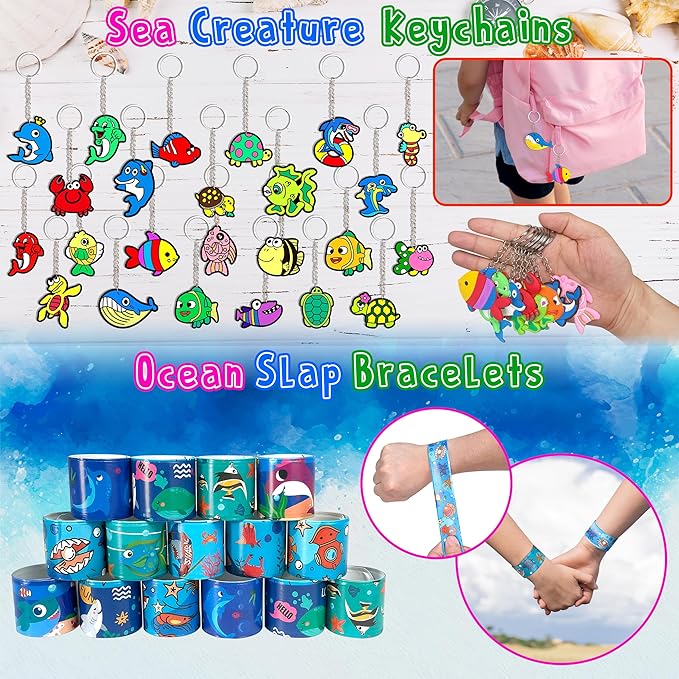 LINAYE 24 Packs Ocean Party Favors for Kids - 144 Pcs Under The Sea Party Favors with Marine Animals Building Blocks, Tattoo Stickers Sheets, Slap Bracelets Goodie Bag Stuffers for Kids