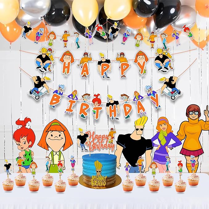 Johny Brvo Theme - Party Decorations, Retro Cartoon Inspired Birthday Decor, Funny Character Theme Party Supplies, Cake Topper & Cupcake Decoration Set, Bold Celebration Dessert Table Decor