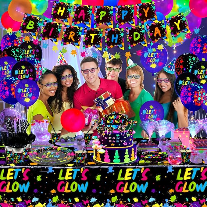 225 Pieces Glow Neon Party Supplies - Balloon, in the Dark Birthday Banner, Garlands, Cake Topper, Tablecloth, Plates, Napkins and Cup for Blacklight Decorations, Serves 20 Guest
