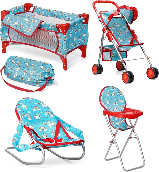 Fash n kolor® 4 Piece Doll Play Set, Doll Accessories Gift, Toy Set -Unicorn Design Includes, Doll Foldable Bed, Doll Stroller, Doll High Chair and Doll Seat, Dolls Gift Set (4 Piece Set)