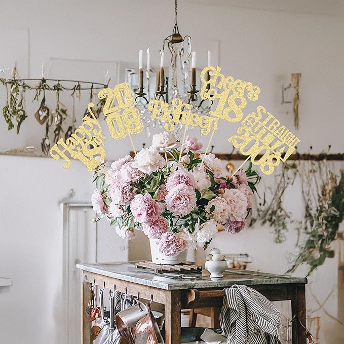 Gyufise 15Pcs Happy 18th Birthday Centerpiece Sticks Eighteen Straight Outta 2008 Table Flower Centerpieces Sticks for Cheers to 18th Birthday Party Supplies Gold
