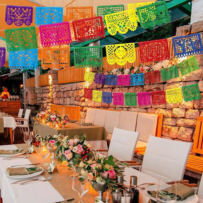 3 PCS Cinco De Mayo Decorations, Plastic Mexican Party Banner 55.2 FT Papel Picado Dia De Los Muertos, Colorful Fiesta Banner for Day of the Dead Decorations Ofrenda Decorations for Fiesta Decor