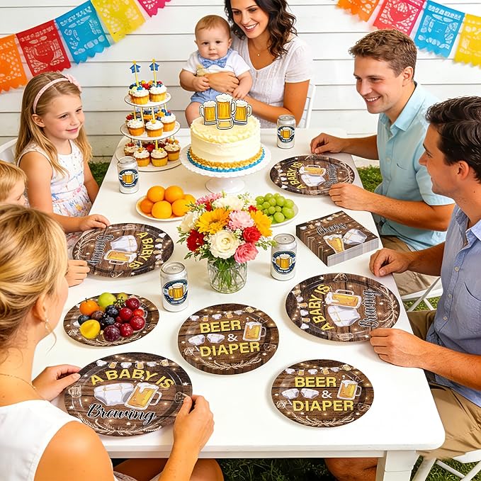 96Pcs Beer and Diaper Party Decorations A Baby is Brewing Baby Shower Plates and Napkins Tableware Set Beer And Bottle Diaper Decorations for Cheers Beers Brew Birthday Party Supplies Serves 24