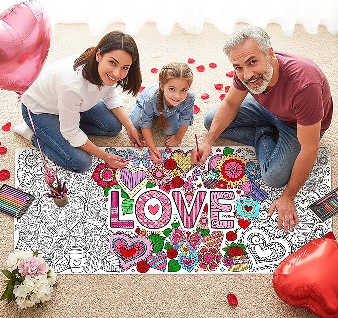 Jumbo LOVE Mandala Coloring Poster - Valentine’s Day Heart Flower DIY Drawing Color-in Paper Blank Art Banner 55.1 x 23.6 Inch Wall Decor, Home Classroom Activity for Kids Party Supplies