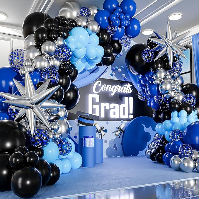 ALL-IN-1 Blue and Black Balloons Arch Kit with BONUS Starbursts – Small & Large Silver Black Blue balloons – Light, Navy, Royal Blues & Blacks Party Decorations for Baby, Graduation, Birthday, Gaming