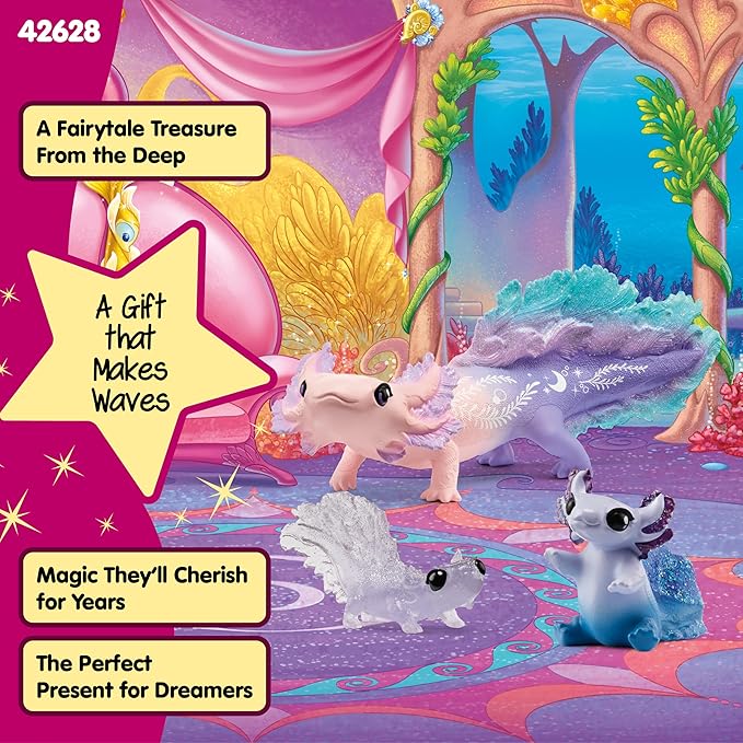 Schleich Bayala - 3PC Colorful Axolotl Figurine Toy Set - Mermaid Mythical Creature Playset for Girls and Boys - Cute Undersea Fairy Salamander Figures - Fantasy Animal Toys for Kids Ages 5+ | 42628