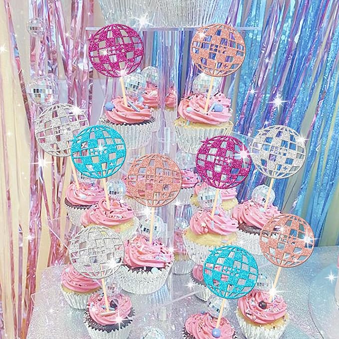 24 Colorful Disco Ball Cupcake Toppers - Dancing Cupcake Decorations for 70s Disco Music Theme Party Supplies