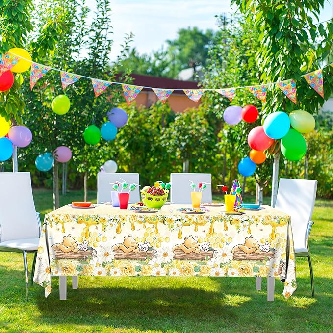 3PCS Winnie Bear Baby Shower Tablecloths, Kids Boys Girls Birthday Party Decorations Spring Classic Winnie Bear Neutral Table Cover Party Supplies -54x108IN