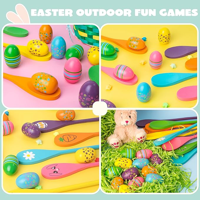 JOYIN Easter 12PCS Egg and Spoon Race Game Set, 6 Woodeen Egg and Spoons with Assorted Colors Outdoor Games, Party Favor Supplies