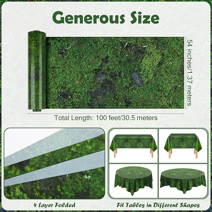 Kochorie 100 Ft x 54 Inch Green Moss Tablecloth Roll with Slide Cutter Box Disposable Green Grass Plastic Tablecovers Cut to Size Tablecloth Jumbo Jungle Backdrop for Birthday Picnic Baby Shower