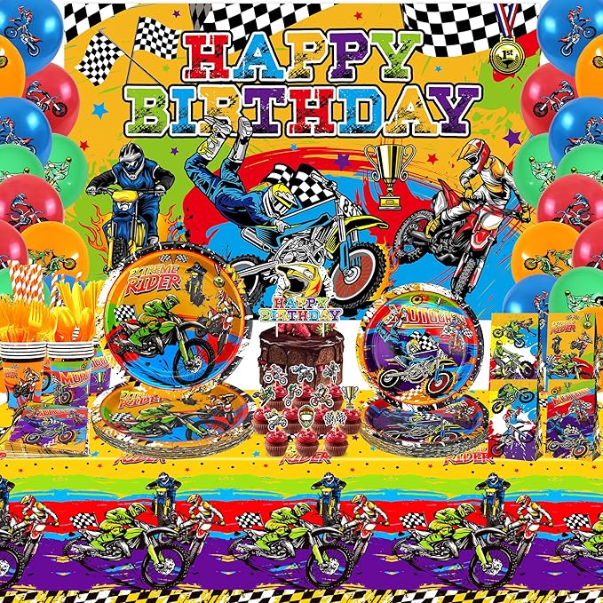 Dirt Bike Party Supplies, Includes Happy Birthday Backdrop, Plate, Napkin, Cups, Cake Toppers, Gift Bags, Tablecloth, for Kids Boys Girls Motorcycle Extreme Sports Theme Birthday Decorations Serve 20