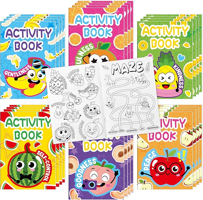 24Pcs Religious Fruit Activity Books for Kids - Mini Fun Games Coloring Book Bulk Party Favors Goodie Bags Stuffers for Birthday Classroom School Students Rewards Supplies