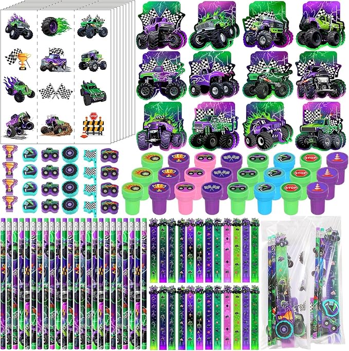 Cholemy 144 Pcs Monster Truck Party Favors Truck Party Supplies School Stationery Set Notebook Sticker Stamper Eraser Ruler Pencil Bag for Birthday Baby Shower Gifts Classroom Prize (Purple,Monster)