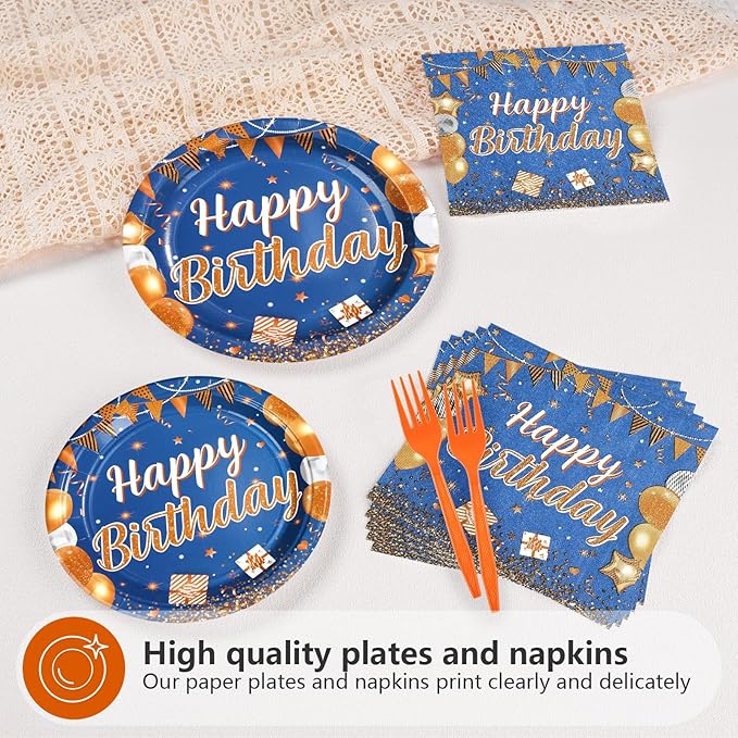 96 Pcs Happy Birthday Party Decorations Blue and Orange Plates and Napkins Disposable Navy Blue Orange Tableware Set for Boys Girls Men Women Birthday Anniversary Party Supplies Serves 24
