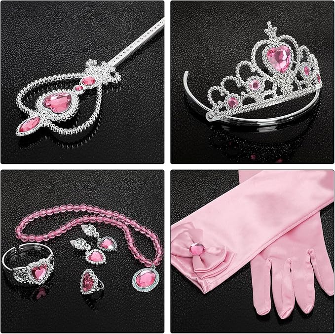 Princess Dress Up Party Accessories for Princess Costume Gloves Tiara Wand Necklace Earrings Bracelet and Ring Gift Set 9pcs (Pink, Set of 7, 9pcs)