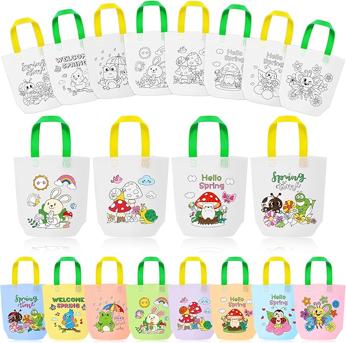 Hello Spring Coloring Goodie Bags for Kids - 24Pcs Welcome Spring Bulk Color Your Own Gift Bags with Handle SpringTime Reusable Coloring Bag Non Woven Tote Bag for DIY Crafts Painting Party Favor Supplies