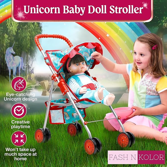 Fash n kolor® 4 Piece Doll Play Set, Doll Accessories Gift, Toy Set -Unicorn Design Includes, Doll Foldable Bed, Doll Stroller, Doll High Chair and Doll Seat, Dolls Gift Set (4 Piece Set)