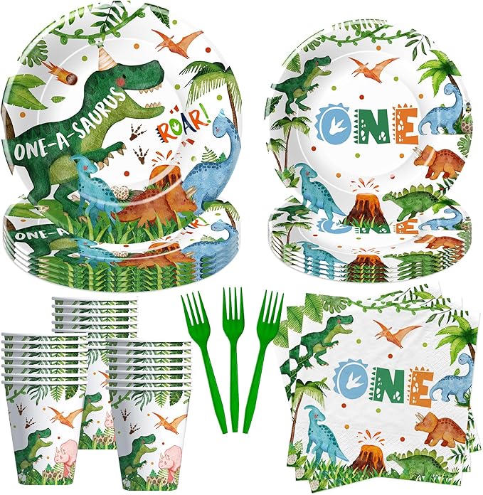 Dinosaur First Birthday Decorations Tableware - Dinosaur 1st Birthday Party Supplies For Boy, Paper Plate, Cup, Napkin, Fork, Dino Party Decorations, Serves 24