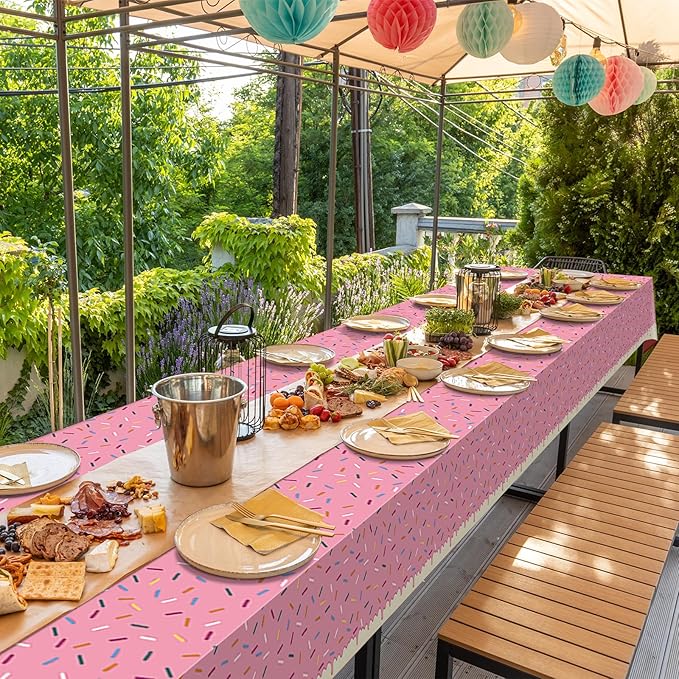 6Pcs Sprinkle Donut Tablecloth, Pink Ice Cream Table Cloth Disposable Plastic Rectangle Table Covers for Baby Girl Sweet One Birthday Donut Grow Up Donut Themed Party Decorations, 54 X 108 Inch