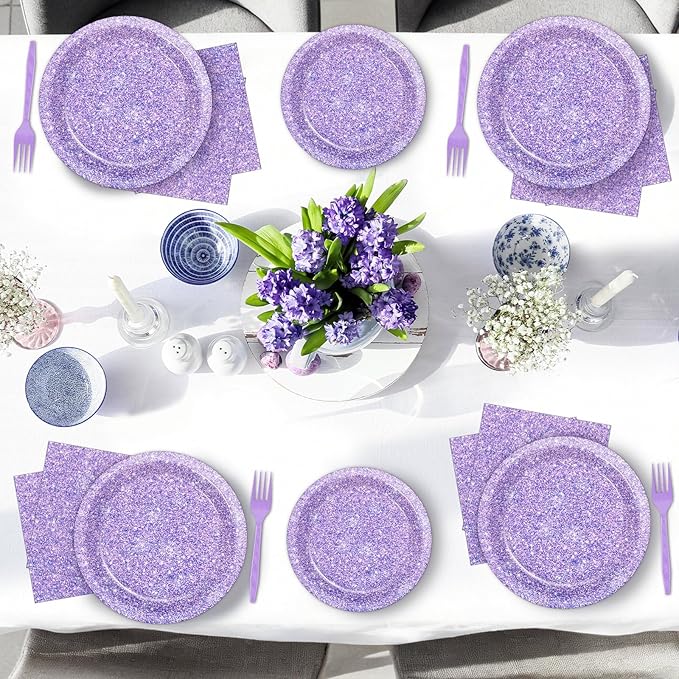 96PCS Purple Glitter Paper Plates and Napkins K-pop Purple Tableware Party Paper Plates Glitter Birthday Disposable Dinnerware Parties Set for Girl Women Sprinkle Wedding Anniversary Party Decorations