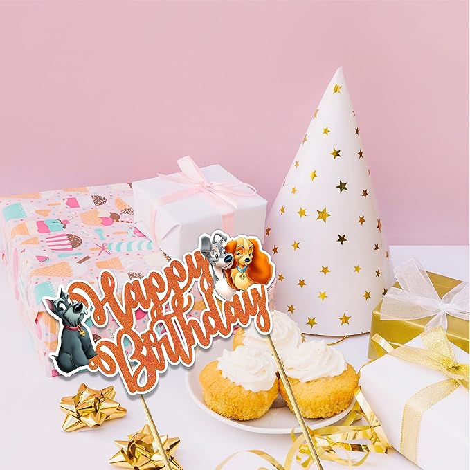 "Lady and the Trmp Happy Birthday Cake Topper – Inspired Theme Party Decoration for Girls and Adults – Glitter Cake Topper for Birthday Cake & Dog Theme Party Supplies, Cartoon Character Party Décor"