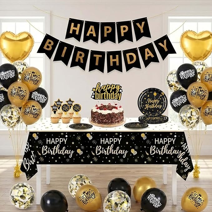 Black and Gold Birthday Decorations - Party Supplies Kit with Tablecloth, Paper Plates, Photo Props, Crown Foil Balloon, Fringe Curtains, Cake Toppers and Banner for Men Women 18th 21st 30th 40th 50th