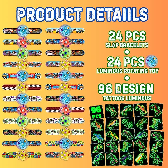 144PCS Monster Truck Party Favors for Kids, 96 Glow Tattoos Pre-cut + 24 Slap Bracelets + 24 Light Up Spinning Toys, Birthday Goodie Bag Stuffers, Stocking Stuffers, Glow in The Dark Supplies