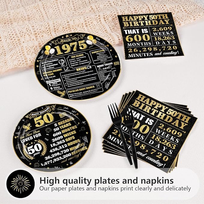 Grencian 96 Pcs 50th Birthday Plates and Napkins Tableware Set Disposable Black and Gold Back in 1975 50th Birthday Decorations for Men Vintage 50 Years Anniversary 1975 birthday Decorations Serves 24
