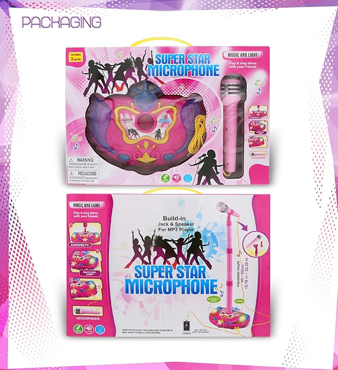 Mozlly Super Star Kids Karaoke Machine with Microphone Stand Playset - Pink Microphone with Stand with Built-in Jack and Speaker for MP3 Player, Singing Toys for Girls and Boys with Music and Light