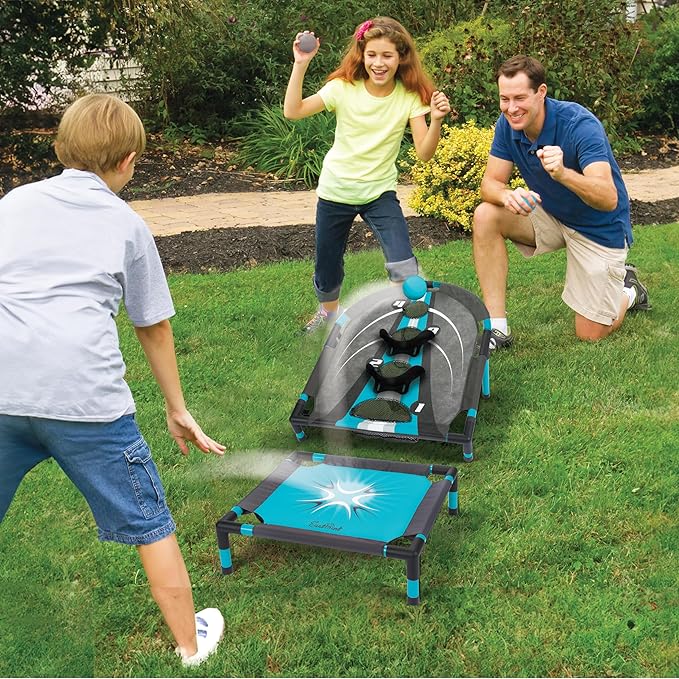 EastPoint Spring Fling Bounce Game - Black/Blue Durable PVC Construction - 6 Balls, 20in Trampoline & 29.5in x 24in Target - Dynamic Reflex Game, Sports Activities for Boys, Organizer for Easy Storage