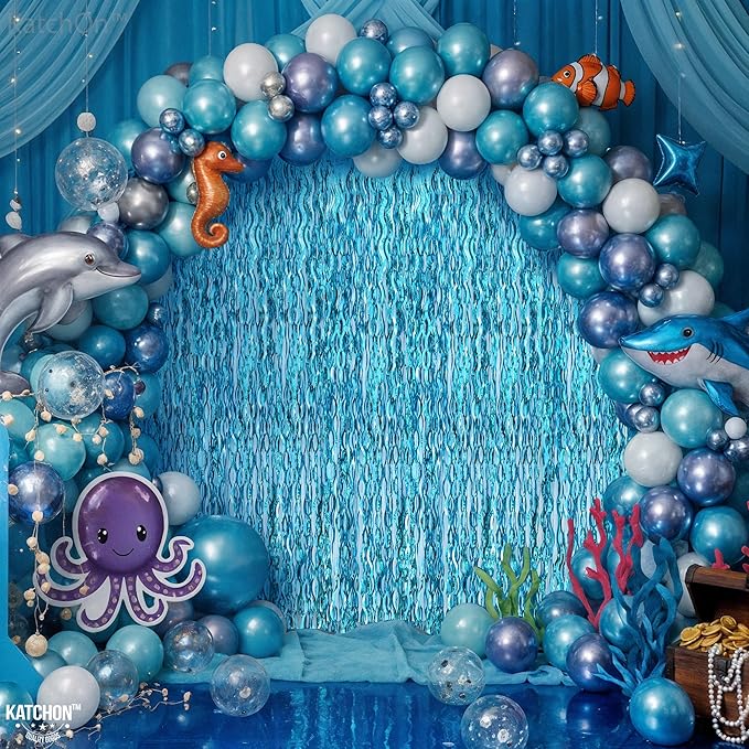 Katchon, Xtralarge Wavy Blue Foil Fringe Curtain - Pack of 2 | Blue Streamers for Under The Sea Party Decorations | Foil Fringe Backdrop for Birthday, Cruise Door Decorations, Pool Party Decorations