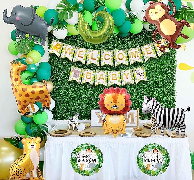 TUWUNA 9Pcs Safari Jungle Animal Balloons,Wild One Birthday Decorations Baby Shower Jungle Safari Party Supplies,Kids Elephant Monkey Lion Giraffe Leopard Zebra Crocodile Balloon