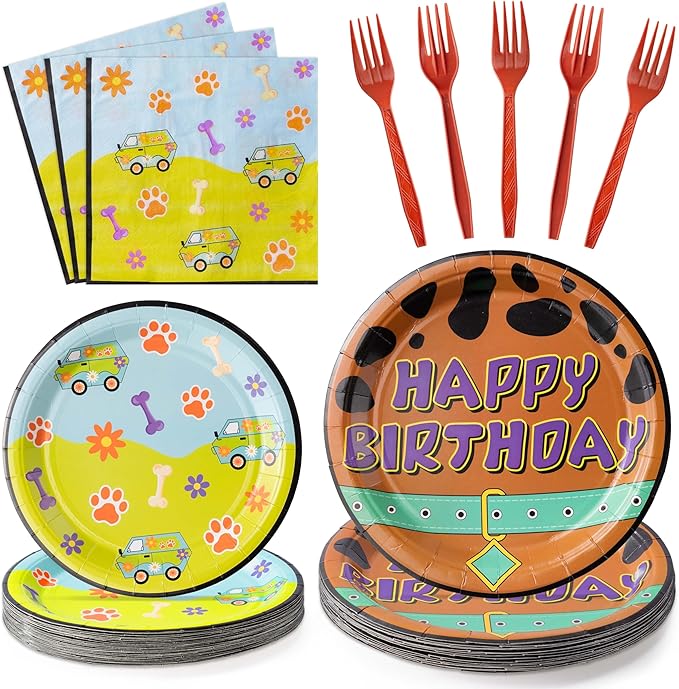 Dog Paw Birthday Party Supplies - 96PCS Cartoon Dog Birthday Party Plates Napkins Forks Disposable Tableware Set Birthday Parties Table Dinnerware Baby Shower Parties Plates Serve 24 Guests