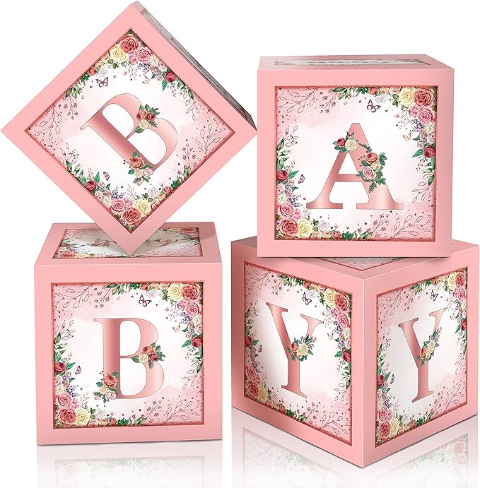 Floral Baby Shower Box Birthday Party Decoration Pink Balloon Blocks First Birthday Centerpiece Decor for Girls Rose Gold Gender Reveal Party Supplies…