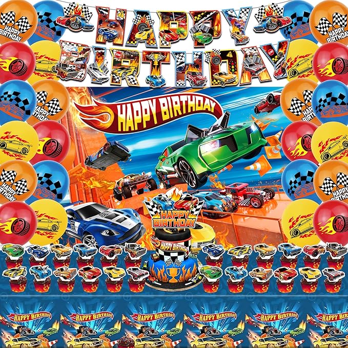 52Pcs Hot Car Birthday Party Decorations, Birthday Party Supplies for Hot Car Includes Banner, Backdrop, 24 Balloons, Cake Topper, 24 Cupcake Toppers, TableCloth